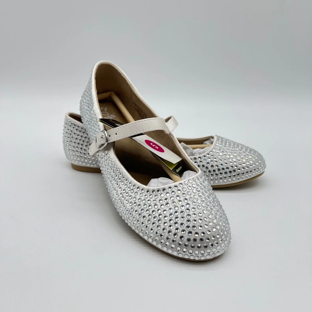 Art Class Nell Rhinestone Mary Jane Flats Off White Satin Kids Size 5 NWT